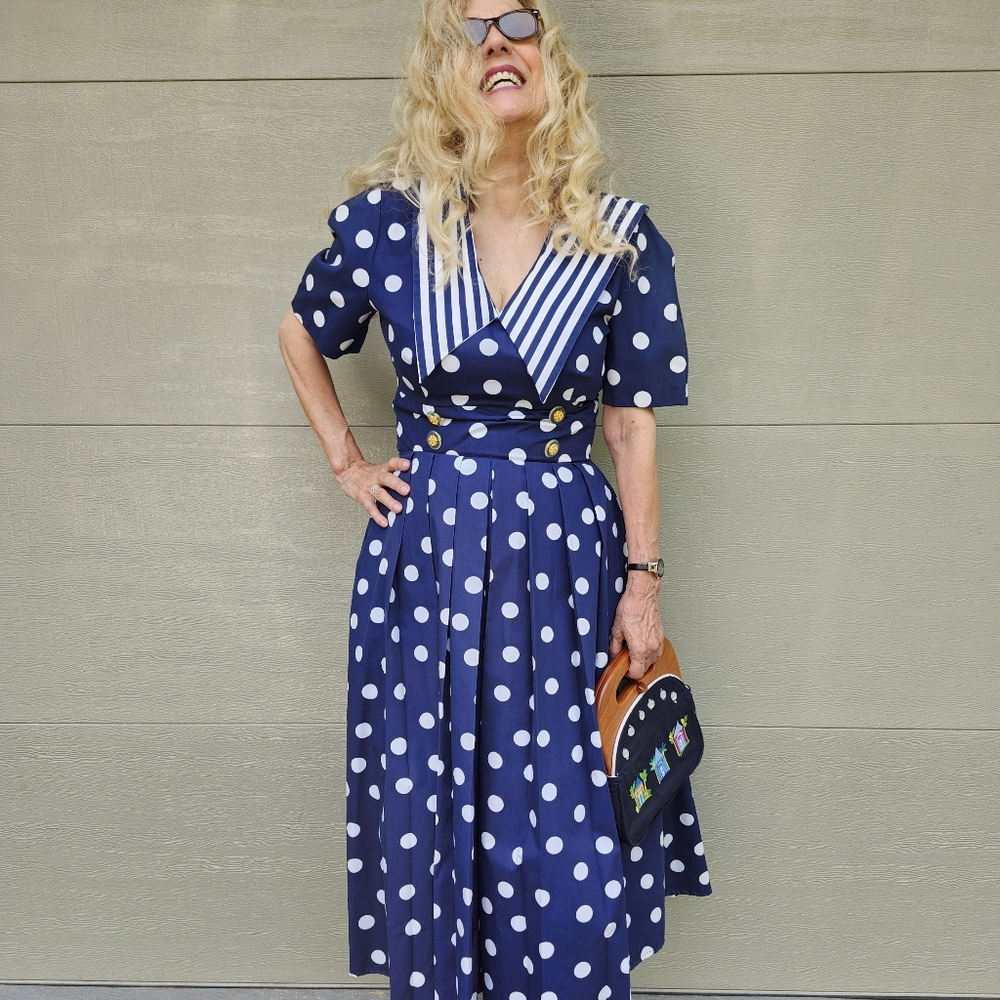 Vintage Navy Blue Polka Dot Maxi Dress Pro Clean & Like New, 8, $55